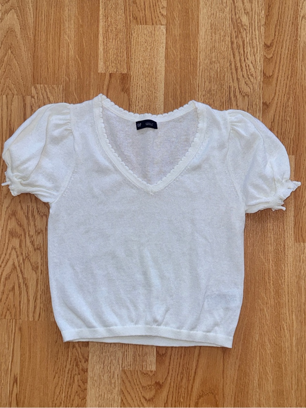 GAP White Petite V-Neck Linen Blend Puff Short Sleeve Knit Sweater Top- xsp NWOT